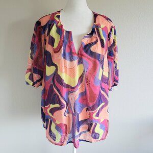 NEW Nicole Miller Woman Plus 2X Blouse Top Bright Mod Eyelet Embroidery Chiffon